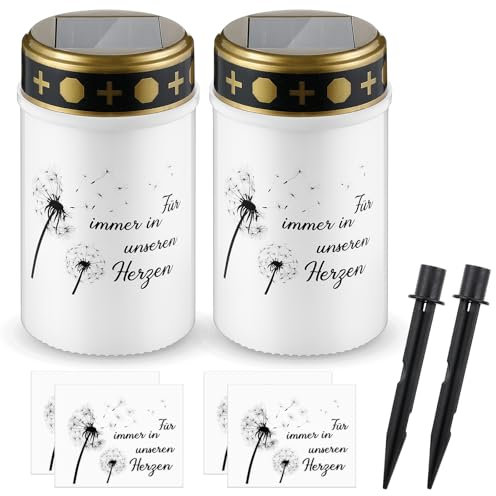 Nezyo 2 Lampe Funéraire Solaire à LED Bougies de Cimetière Imperméables avec 4 Autocollants Lampe Funéraire Électriques à Support avec Piquet de Terre (Blanc, Pissenlit)