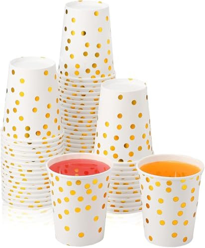 Riverhighfur Lot de 100 Gobelets en Carton de 250 ml Gobelets de Fête à Pois Dorés pour Fête, Anniversaire, Mariage, Gobelets en Papier Biodégradables