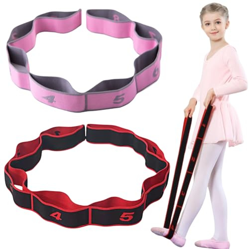 KEYRI 2 Piezas Banda de Estiramiento de Yoga, Bandas Elásticas de Resistencia Correa de Estiramiento Banda Elástica Fitness con 8 Hebillas para Niños y Adultos Pilates Fitness Gimnasia (Rosa + Rojo)
