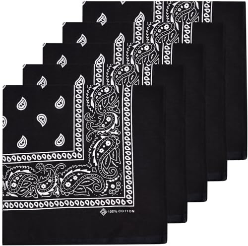ZENO Bandana Negro – 100% Algodón & Fibra Natural – Pañuelo Cabeza Hombre y Mujer Sin Poliéster – Suave, Resistente & Lavable – Bandana Hombre y Mujer – Unisex & Niños - 5 Pack