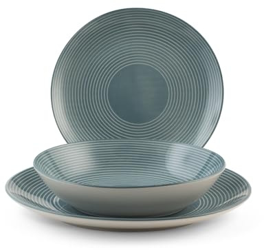 H&H, Servizio Tavola Echo 18 Pezzi in Porcellana Colore Ottanio, Forma Coupe – 6 Piatti Piani, 6 Piatti Fondi, 6 Piatti Frutta, Lavabili in Lavastoviglie e Idonei per Microonde