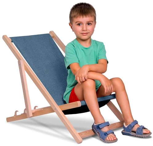 DreamRoots Kinder Campingstuhl klappbar aus Holz - Klappliegestuhl bis 130 kg - Kinder Gartenmöbel faltbar - UV-beständiger Polyesterstoff in Leinenoptik - Kinderliege für draußen & Strand, waschbar
