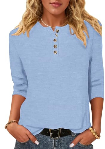WNEEDU Maglietta a Maniche 3/4 Donna - Henley T-Shirt Camicetta a Maglia Maglione Leggero e Sottile Casual Basic Blusa Bottoni Scollo a Rotondo Azzurro Cielo M