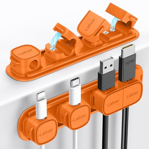 Cable Clips Holders - Laitver 6 Pack [Magnetic Buckle 1s Open/Lock] Cable Tidy Cord Organiser Management, No-Residue Strong Adhesive Desk Wire Charging Cords Keeper for Home, Office- Orange