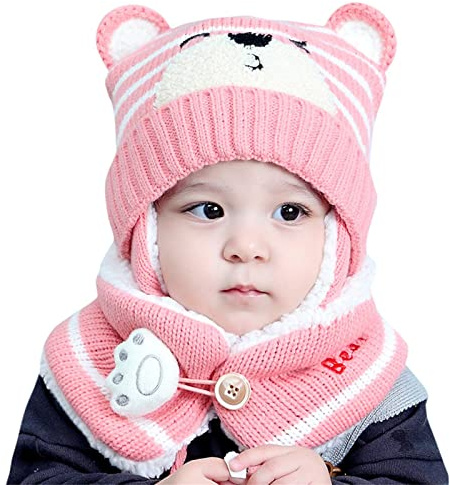 Bonnet d'hiver pour bébé garçon et fille - Bonnet avec oreilles d'ours - Bonnet avec écharpe doublée en polaire - Cache-cou pour enfants - 2 chapeaux élégants pour bébé (taille unique) - Rose