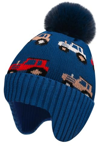 ZGDG Boys Girls Winter Beanie Hat with Earflaps Kids Warm Fleece Lined Knit Pom Hat for Toddler 3-12Y Cold Weather Ski Cap Grey