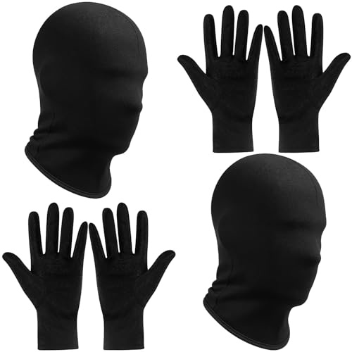MUNSKT Black Full Face Mask,Full Black Head Cover Mask,Unisex Faceless Skin Masks Halloween Dress Up Cosplay Party Costume Carnival Night Role Playing (2 black full face covers 2 gloves)