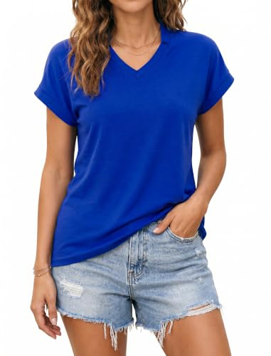 Enmain Womens Top Short Sleeve V Neck T-Shirt Summer Blouses | with Neck Scarf, Work, Casual, Business, Social for Day-to-Night, Breathable, Soft, Wrinkle Resistance, Stretchy