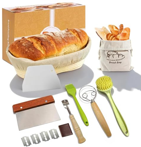 dellyy Cestino Lievitazione Pane, Set 10 Pezzi, Rattan Naturale, con Istruzioni, Cestini Lievitazione Pane Ovale e Cofanetto Regalo, per Panificatori e Principianti