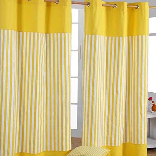 HOMESCAPES Coppia di tende con occhielli, 100% cotone, a righe gialle, pronte da appendere, 137 x 182 cm