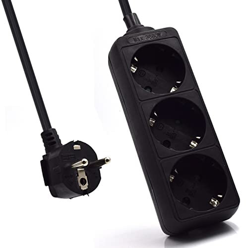 Multipresa Compatta a 3 Posti, Ciabatta Elettrica con 3 Schuko/Tedesche - Spina Schuko/Tedesca- Potenza 250V/2500W - Cavo da 1,5 Metri, Prese Angolate a 45°