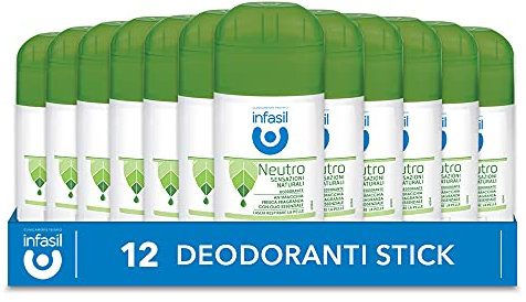 Infasil Neutro Sensazioni Naturali, Deodorante Stick Antimacchia Senza Sali di Alluminio, Efficace fino a 24H, Fragranza con Olio Essenziale, Delicato sulla Pelle, 12 Deodoranti da 50 ml