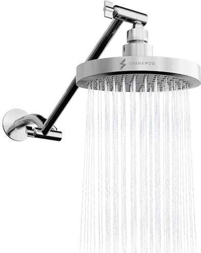 SparkPod Round Rain Shower Head with Extension Arm - Height Adjustable Shower Head with High Pressure Performance - Easy 1-Minute Installation (6 Round, Luxury Polished Chrome)