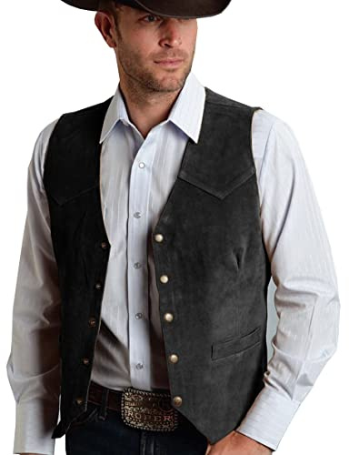 Tuikayoo Chaleco de traje de ante para hombre, estilo vintage, chaleco vaquero estilo de vaquero americano, ajuste normal, Negro , XS