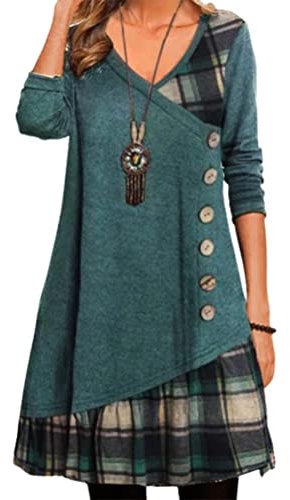 Onsoyours Robe Femmes Casual Automne Bouton Manches Longues Robe Chic Imprimé Patchwork Écossais À Grand Swing Mi-Longue Robe Chic Décontracté Robe De Soirée A Vert M