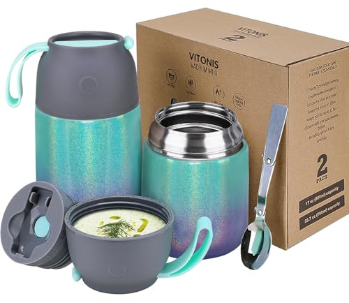 Thermobehälter für Essen 500ml & 700ml mit faltbaren Löffeln - Für Büro, Fitness, Uni & Reisen - 12h Warmhaltung, 24h Kälteschutz - Lebensmittelechter Edelstahl 304, 2 Isolierbehälter im Set