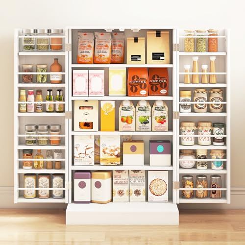 GiantexUK Kitchen Cupboard, Wooden Buffet Pantry Cabinet with 17 Shelves and 2 Doors, Multifunctional Storage Organizer for Living Room Dinning Room (White, 59 x 30 x 104cm)