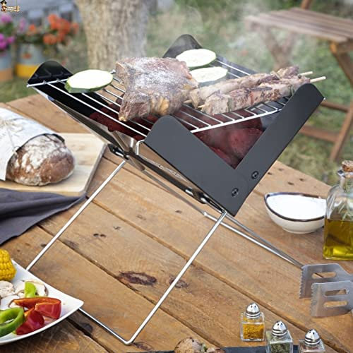 BricoLoco.com Barbacoa portátil carbón plegable pequeña de sobremesa o suelo. Con parrilla para alimentos extraíble. Ideal para camping, terraza, acampada, patio o jardín