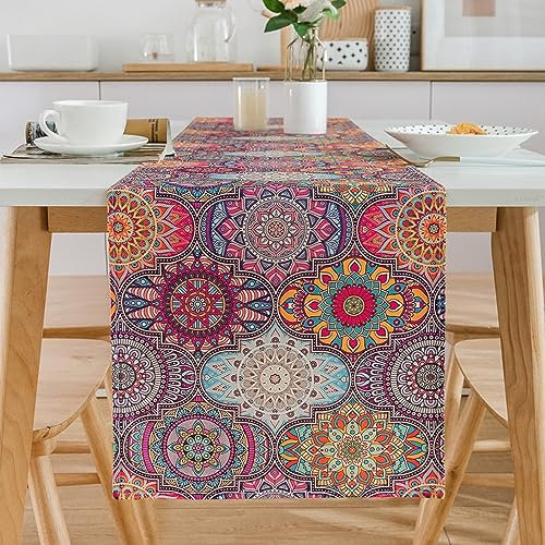 Chicamy Tischläufer Blumen Mandala Bunt Tischläufer Boho Verschlüsselter Leinen Bedruckter Tischläufer Waschbar Handgemachte Abstrakt Dekorativer Tischdecke für Hochzeit Fest Party Küche 40X140cm (D)