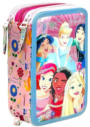 Clondo Mädchen 3-Fach Federmäppchen für Disney Prinzessinnen Fans – 44-teilig, komplett gefüllt – mit Schere, Lineal, Buntstiften – Rosa & Lila – Ideal für Schule & als Geschenk