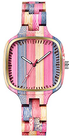 Tiong Damen Holzuhr Natürliche Bunte Bambus Holzuhren Analog Quarz Armbanduhr Verstellbar Holz Armband Leichte Holzuhr