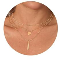 FUNEIA Kette Gold Damen Layered Halskette 14k Vergoldet Kette mit Anhänger Rundem Plättchen Choker Doppelkette Multilayer Zarte Wasserfester Hypoallergene Goldene Ketten Modeschmuck Für Frauen Mädchen