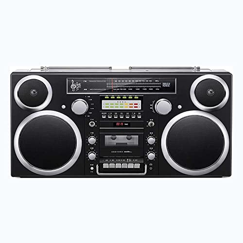 Bluetooth CD Player Boombox with AM/FM Radio, SD Slots, Aux In, Headphone Jack, and USB/SD Conversion - Retro Cassette Design