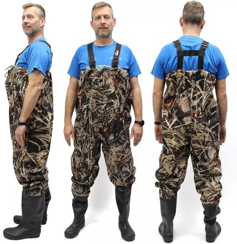 Mens Camo Chest Waders with Adjustable Quick-Release Buckles - Waterproof Nylon & PVC - Sizes 7-12 - Fishing, Flood, Work (UK 9 - EU 43)