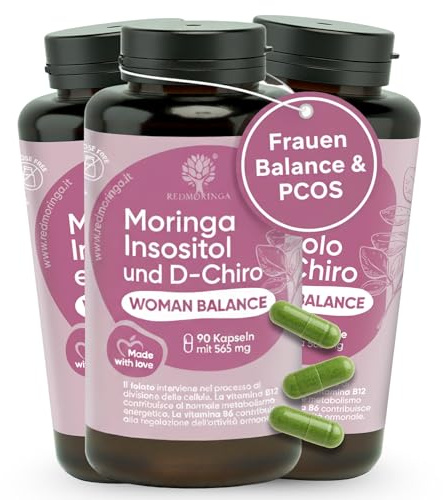 Myo INOSITOLO + DChiro potenziati con Vitamine B12, B6, D, Acido Folico e Moringa Bio | Integratore Woman Balance PCOS (Ovaio Policistico) Regolarità Ciclo | 270 Capsule - RedMoringa