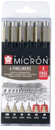 SAKURA Pigma Micron Fineliner Set, Exklusives 4+2 Angebot, Premium-Archivtinte, wasserfest, lichtbeständig, Perfekt für Künstler, Designer und Hobbyisten