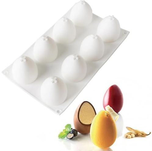 SOIDHSID 3D Easter Egg Silicone Molds, 8 Cavity, White, Oval Shaped, for Mousse Cake, Chocolate, Candy, Jelly, Pastry, Muffin, Cupcake, Soap