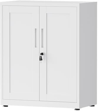 LVSTEEL Armadio Multifunzionale con Serratura, Armadietto 2 Ante, Armadio Ufficio, Dotato di 2 Ripiani Regolabili in Altezza, Bianco, 91.5×75×40 cm