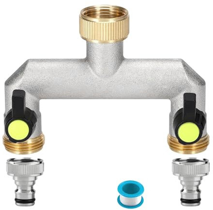 Xbessc Robinet 2 Voies 3/4 pour Connexion de 2 Appareils, Robinet Double Sortie Répartiteur d'eau, Répartiteur de Tuyau avec 1/2 Pouce Adaptateur et Ruban PTFE pour Régler et Arrêter Le Débit d'eau