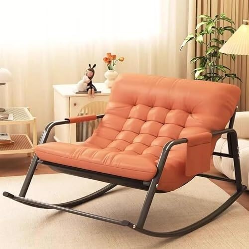 Indoor Double Breathable Bedroom Rocking Chair, Sofa Lounger with Cushion, Ergonomic Outdoor Garden Recliner with Armrests (Orange)(Orange)