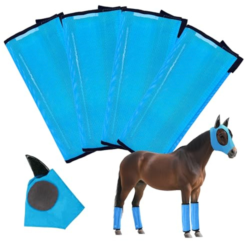 GRETMIX Juego de 5 botas de mosca de caballo y máscara de mosca de caballo, botas de malla ventiladas para caballos, ajuste ajustable y universal para 4 patas, máscaras de mosca cómodas para caballos