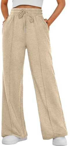 Joligiao Dam casual joggingbyxor säckiga vida ben loungebyxor med elastisk dragsko midja och 2 fickor mjuka stretchiga byxor för yoga lounging träning vardagskläder, Khaki, XL