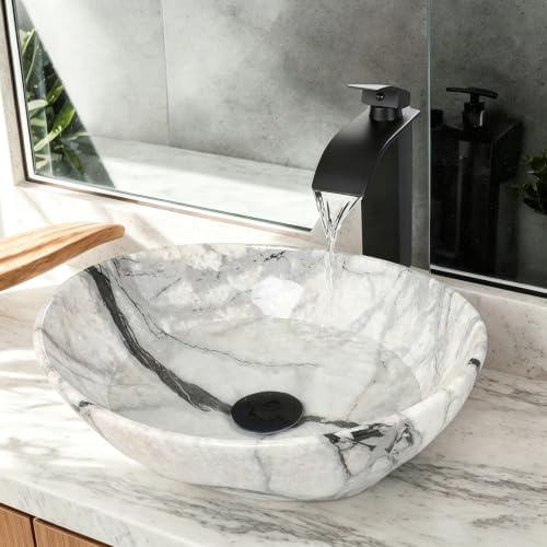 White Black Marble Effect Ceramic Bathroom Sink Set,410×340×135mm | Oval Countertop Sink with Black Tap and Pop-Up Waste, White and Black Sink Basin for Bathroom