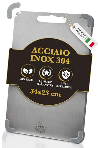 HELITH Tagliere Acciaio Inox 304 (34x23cm) Con Angolo Antiscivolo Rimovibile,Tagliere Metallo Antigraffio Da Cucina Professionale Multifunzionale, Carne,Pane,Verdura. Lastra D'acciaio Inox Alimentare