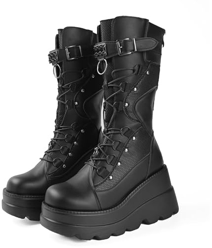 Gothniero Black Platform Knee Boots Goth Boots Lady Women Combat Boots Moto Boots Rave Gothic Shoes Lightweight and Comfortable with Lace Size 35-43