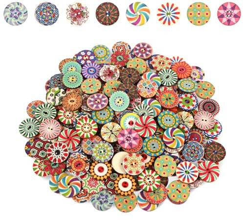 200PCS Vintage Floral Wood Buttons, Round Wooden Buttons for Crafting, Natural Assorted Button for Crafting, Decoration, DIY, Dress(20mm)