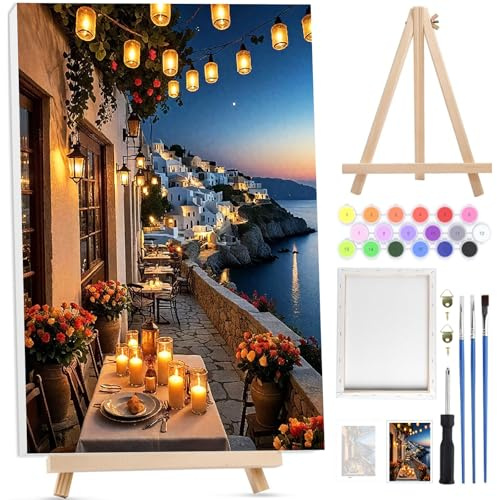 Bowetile Pueblo Costero Marco Pintar por Números para Adultos con Lienzo Caballete Madera,Kit de Pintura por Números para Principiante, Kit Dibujo con Pigmentos Acrílicos para Decoración20x30cm