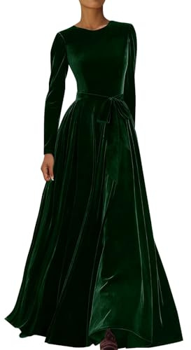 Eauptffy Vestido de mujer elegante de otoño e invierno de manga larga de terciopelo occidental con cinturón, atuendo festivo, O Verde, L