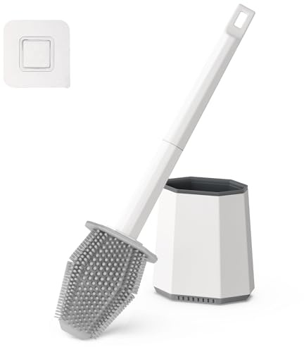 Euqvunn Silikon WC-borste & Hållare, Set med WC-Rengöringsborste Väggmonterad, Djup WC-borste med Dubbelsidig huvud och lång plasthandtag, Snabbtorkande och droppfri badrumsaccessoar (Vit)