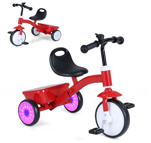 SOARS Tricycle Bébé Évolutif 3-5 Ans, Vélo Enfant avec Roues Lumineuses, Siège Ajustable en 4 Positions, Pédales Amovibles, Bac de Rangement Arrière, Charge 25 KG, Voiture Enfant pour Garçons & Fille