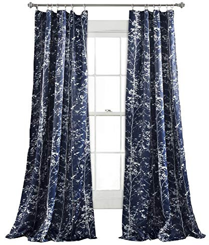 Lush Decor Forest 84 X 52 1 Curtains-Tree Branch Leaf Darkening Window Panel Drapes Set for Living, Dining, Bedroom (Pair), 84 in x 52 in, Navy