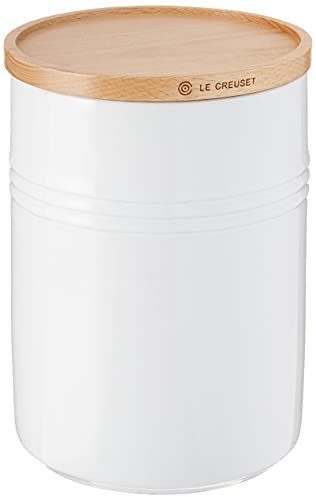 LE CREUSET Stoneware Canister with Wood Lid, 2.5 qt. (5.5 diameter), White