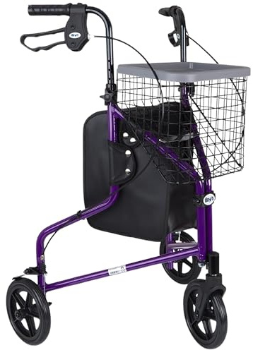 Days Lightweight Aluminium 3 Wheel Walker – Height Adjustable and Foldable Mobility Aid for Elderly – Triwalker with Basket, Tray, Bag and Lockable Brakes – Indoor and Outdoor Walker – Purple