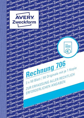 AVERY Zweckform 706 Rechnung (A6, 2x50 Blatt, mit 1 Blatt Blaupapier und 1 blanko Durchschlag, mit Netto- und Bruttobetrag, MwSt. uvm., zur Erfassung aller rechtlich erforderlichen Angaben) weiß/weiß
