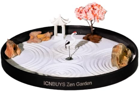 ICNBUYS Zen Garden Crane, Pavilion and Sakura Set with Free Rakes and Pushing Sand Pen Base Tray Diameter 9.4 inches