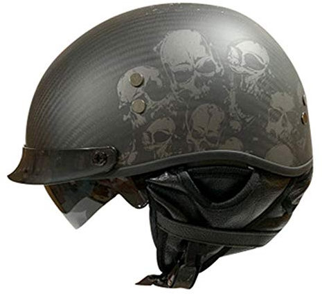 ZLYJ Kohlefaserhelm Motorrad Helm, Halbschale Vintage Harley Helm mit Visier, Halbschalenhelm Jethelm Für Damen Und Herren, für Cruiser Chopper Biker Lucky Skull, ECE Zertifizierung